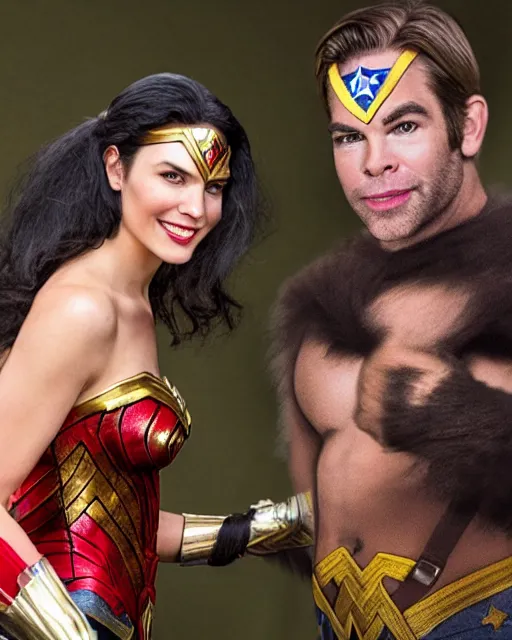 Prompt: a Chimpanzee dressed as Wonder Woman with a smiling Chris Pine photographed in the style of Annie Leibovitz, photorealistic