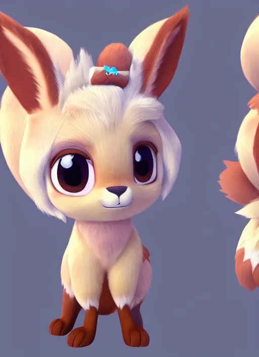 Image similar to female eevee mini cute style, character adoptable, highly detailed, rendered, ray - tracing, cgi animated, 3 d demo reel avatar, style of maple story and zootopia, maple story eevee, fluffy, dark skin, cool clothes, soft shade, soft lighting