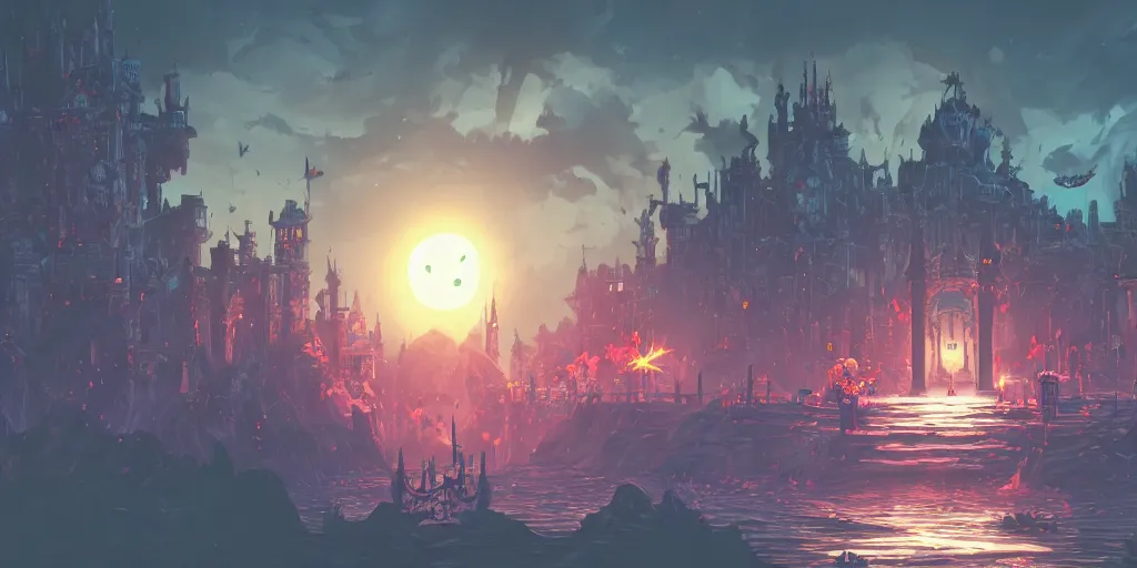 Image similar to Castlevania SOTN, hollow knight, dead cells, Blasphemous, Portraiting a platform magical castle, side scrolling, , Very Cloudy Sky, Sun, Neon Lights, Subject in Middle, Rule of Thirds, 4K, Retrofuturism, Studio Ghibli, Simon Stålenhag