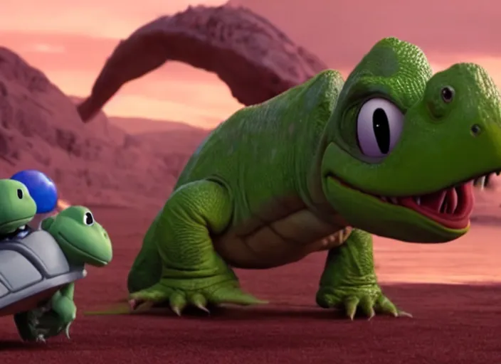 Image similar to film still of yoshi in the new sci - fi movie, upright dinosaur with a small turtle shell and long tongue, 8 k