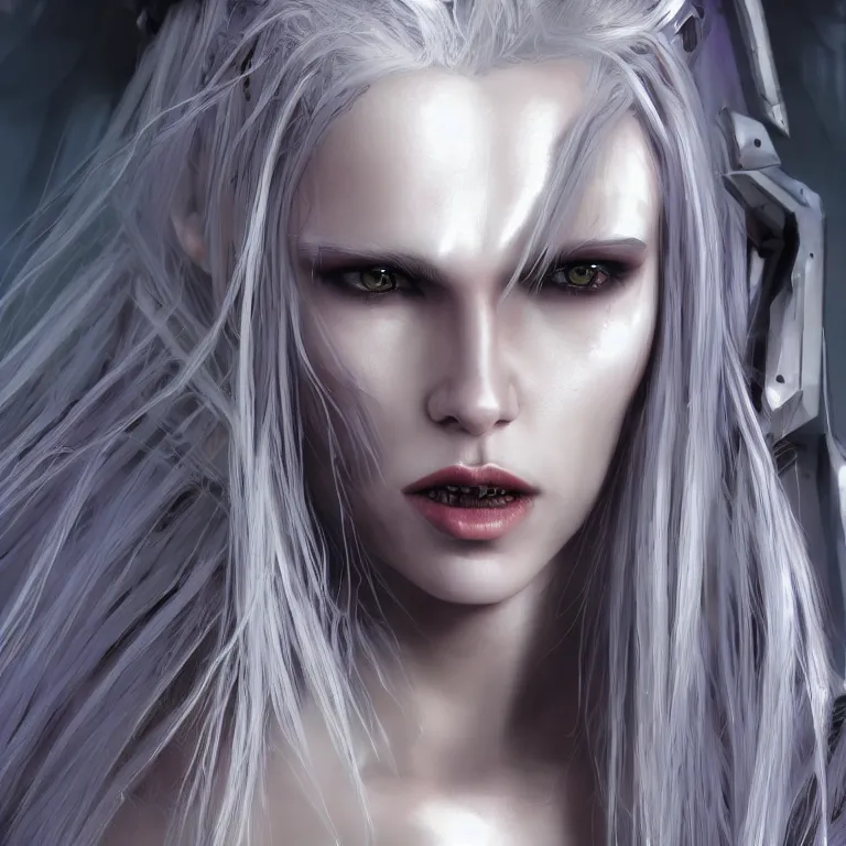 Prompt: cyberpunk female vampire, with brilliant silver flowing hair, concept art by jama jurabaev, cinematic shot, trending on artstation, hybrid from the elden ring and art direction by darius zawadzki ; by artgerm ; wayne reynolds art station ; cinematic quality character render ; low angle ; ultra high quality model ; production quality cinema model