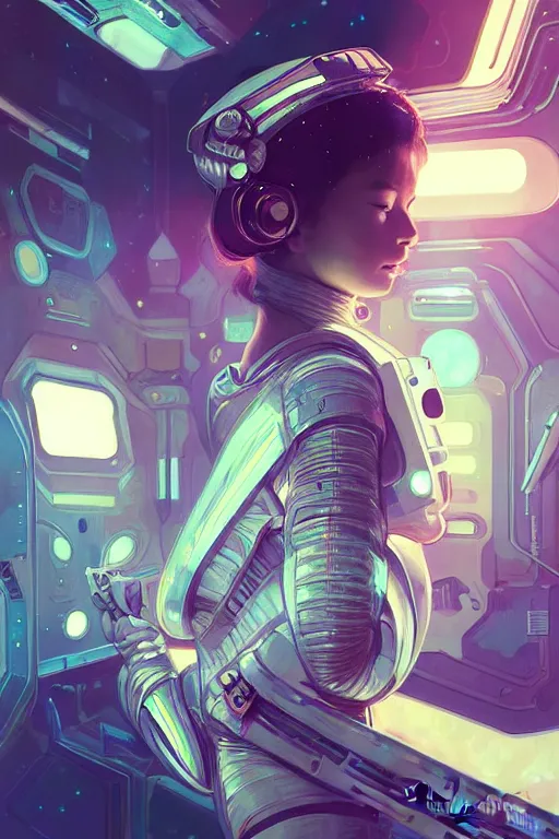 Image similar to portrait armored astronaut girl, floating on spaceship command room viewing galaxy, ssci-fi neon light and fantasy, intricate and very very beautiful and elegant, highly detailed, digital painting, artstation, concept art, smooth and sharp focus, illustration, art by tian zi and WLOP and alphonse mucha