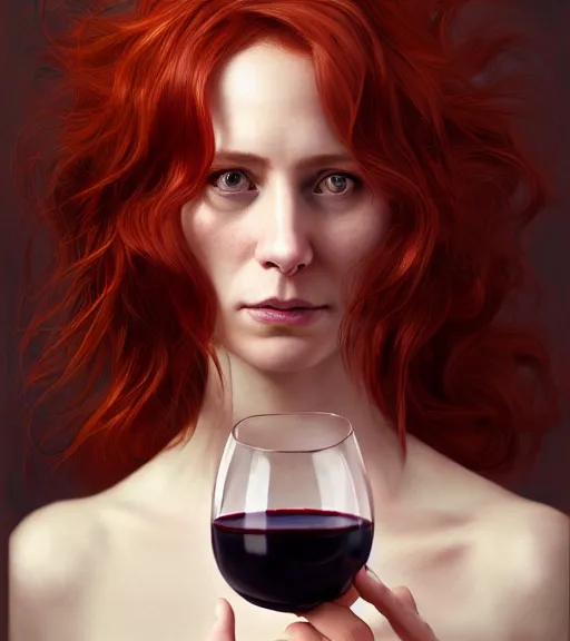 Image similar to portrait of a auburn hair, female, teacher, red wine, in heightened detail, poised, intense emotion, detailed facial expression, 8 k, hyperrealistic, detailed surroundings, intricate, elegant, highly detailed, centered, digital painting, cgsociety, concept art, smooth, sharp focus, illustration, by ( ross tran ), wlop
