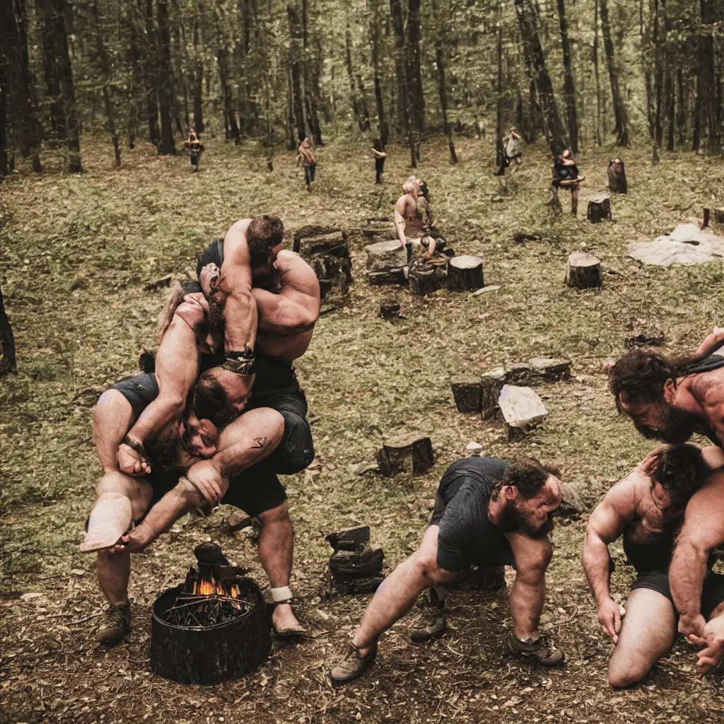 Prompt: big hairy strongmen in shorts in a forest, cuddling and kissing around a campfire, daddy energy, wholesome, cute, love, photography, high details, epic, high resolution