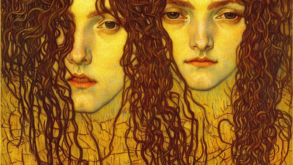 Image similar to detailed realistic beautiful young medieval queen face portrait by jean delville, gustav klimt and vincent van gogh, art nouveau, symbolist, visionary, gothic, pre - raphaelite, muted earthy colors, desaturated