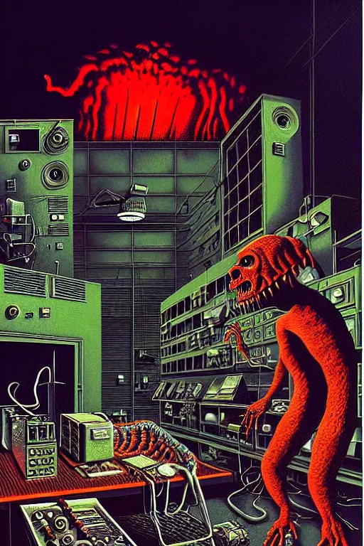 Image similar to a hyperrealistic detailed painting of a code red emergency at the nuclear power plant, radioactive meltdown radiation monster eating the laboratory by chris cunningham and richard corben, highly detailed, vivid color,