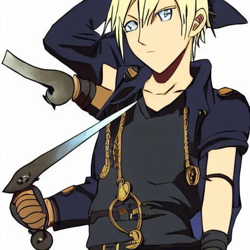 Image similar to young blonde boy thief with daggers in a steampunk city, full metal alchemist, anime style