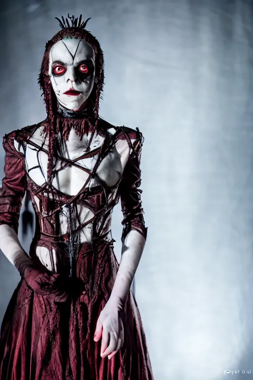 Image similar to dressed anya taylor - joy, a sinister demonic queen of cenobites, symmetrical, cinematic, elegant, demonic atmosphere, professional studio light, real dlsr photography, sharp focus, costume made by clive barker, real rotten flesh and blood, 4 k, ultra hd, sense of awe