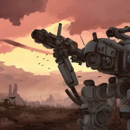 Prompt: a mech with guns on each arm preparing for combat, battlefield, dead trees, fire, smoke, dark clouds, slightly sunny, ominous, intense, epic, extremely detailed, cinematic lighting, studio ghibli, anime, steampunk,