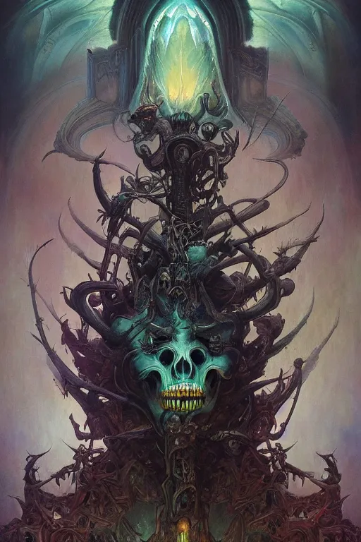 Image similar to evil gigantic alien skull lord demon of death, fantasy painting, ultra realistic, wide angle, art nouveau, intricate details, rainbowshift, vivid colors, highly detailed by peter mohrbacher, h. r. giger, maxfield parrish, gaston bussiere, gustave dore, craig mullins