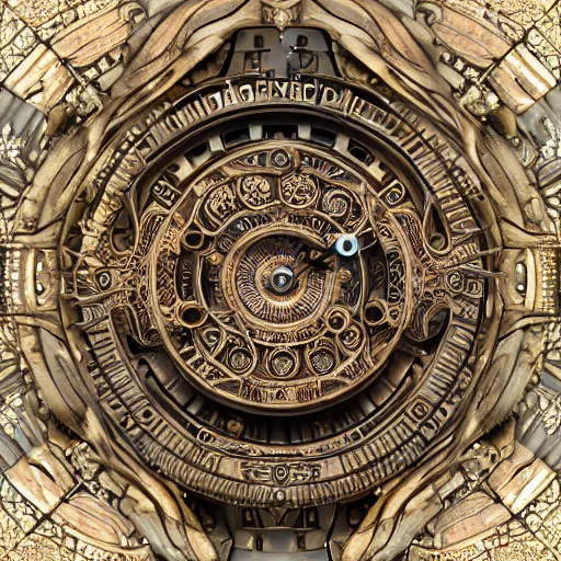 Image similar to complex magic mechanism, time machine flying over the earth, steampunk, indian style, ornament, mechanism leaving, a luminous trail, intricate clockwork, photorealistic rendering, 4 k rendering, intricate details,