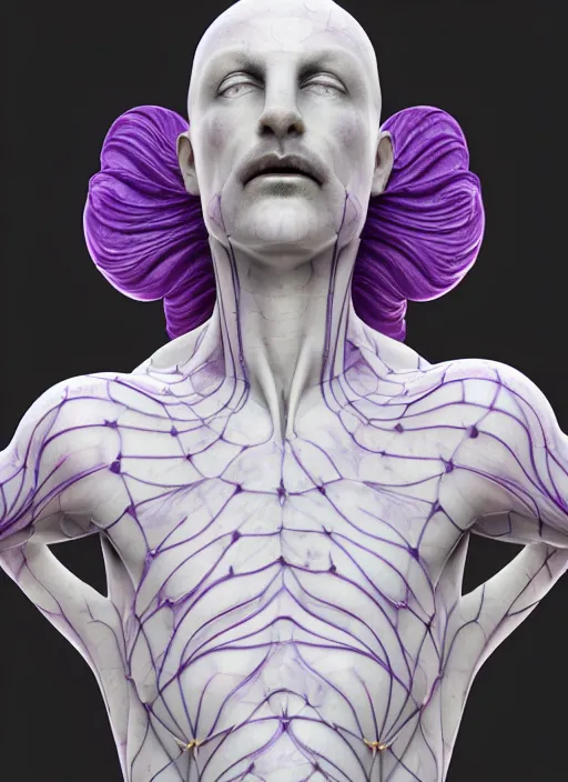 Image similar to a statue made of white marble with purple veins, of waluigi, transhumanism, full body shot, perfect symmetrical body, perfect symmetrical face, hyper realistic, hyper detailed, by johannen voss, by peter kemp, by monia merlo, by michelangelo, by ernst haeckel, by alex grey, octane render, blender, 8 k