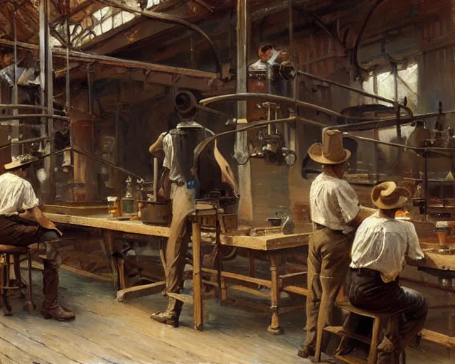 Image similar to attractive men working hard at an 1 9 th century factory. highly detailed painting by gaston bussiere, craig mullins, j. c. leyendecker 4 k