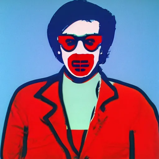 Image similar to a burning chemist in a white coat, andy warhol