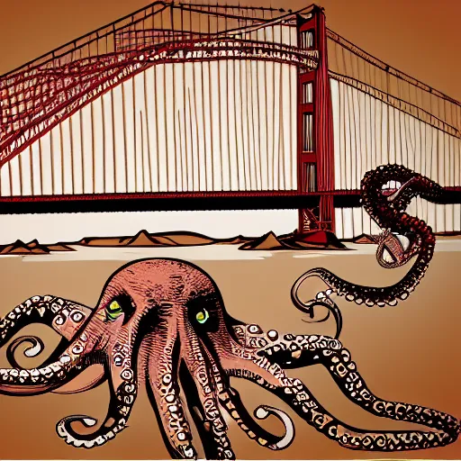 Prompt: octopus attacking golden gate bridge, sticker design vector art, 8k, trending on artstation