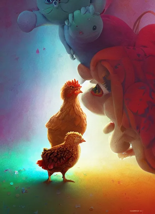 Prompt: a hen and her two chicks walking over a rainbow movie by nuri iyem, james gurney, james jean, greg rutkowski, anato finnstark. pixar. hyper detailed, 5 0 mm, award winning photography, perfect faces