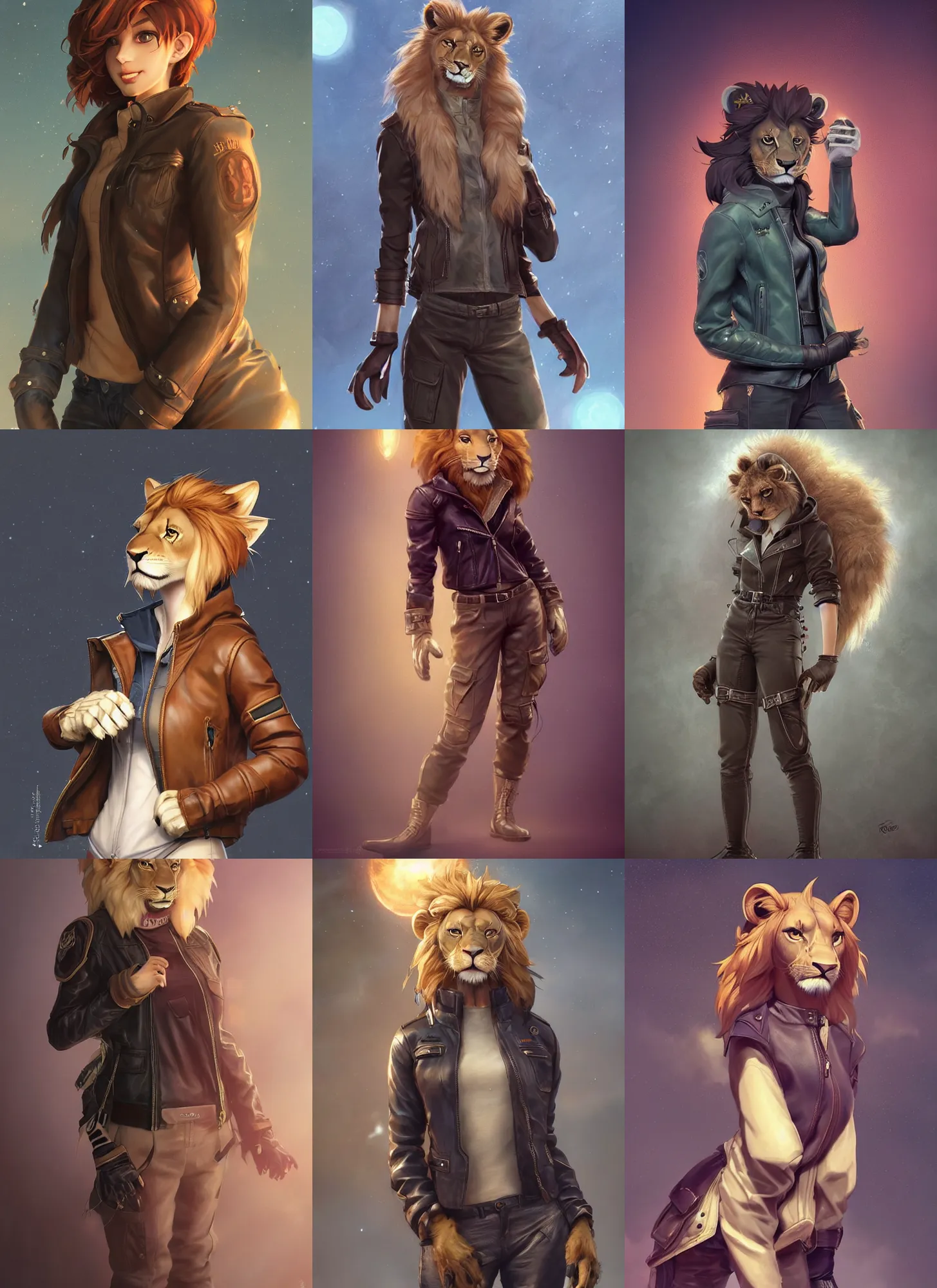 Prompt: beautiful portrait of a female anthropomorphic lion fursona wearing a leather jacket. leather gloves. leather boots. cargo pants. character design by charlie bowater, ross tran, artgerm, and makoto shinkai, detailed, soft lighting, rendered in octane