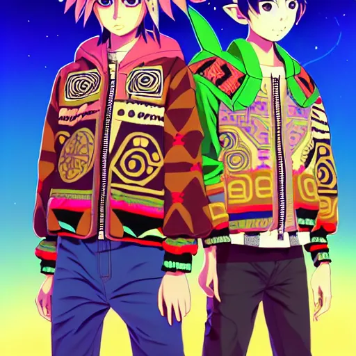 Image similar to majora majora's mask wearing oversized mayan bomber jacket with overalls, bulky poofy bomber jacket with mayan patterns, aztec street fashion, genshin impact art style, gapmoe yandere grimdark, trending on pixiv fanbox, painted by greg rutkowski makoto shinkai takashi takeuchi studio ghibli, akihiko yoshida