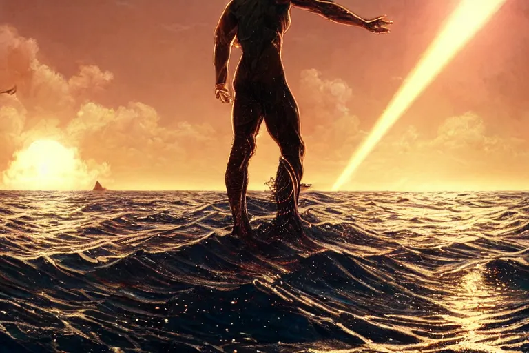 Image similar to detailed intricate digital illustration by greg rutkowski and artgerm and wlop and sanford robinson gifford ; nuclear bomb radiating bright, blinding lens flare across the horizon of a serene ocean, beautiful, glistening water and waves ; 1 3 mm film, arri alfa anamorphic lens, golden hour lighting ; sharp focus ; trending on artstation 8 k