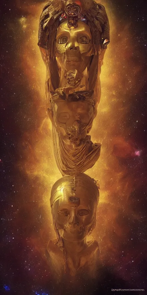 Prompt: intense glowing egyptian mummy god with ancient bandages and intense black eyes with a skull in very dark cosmic nebula by artgerm and beksinski and alphonse mucha, portrait, fantasy, clear, light beams, lens flare, intense, pharoah, throne, uhd, amazing depth, cinematic lighting, black and purple and shining gold