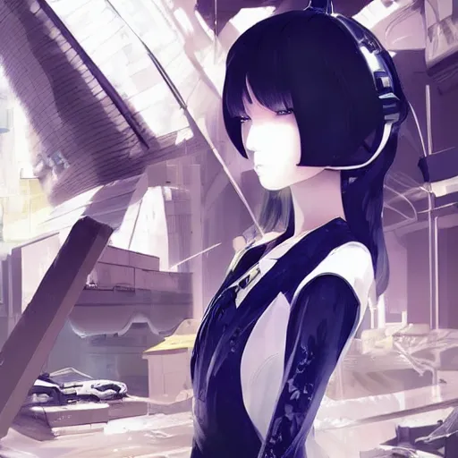 Image similar to luxury advertisement, white and indigo colors. highly detailed post-cyberpunk sci-fi close-up schoolirl in asian city in style of cytus and deemo, mysterious vibes, by Ilya Kuvshinov, by Greg Tocchini, nier:automata, set in half-life 2, beautiful with eerie vibes, very inspirational, very stylish, surrealistic, perfect digital art, mystical journey in strange world, bastion game