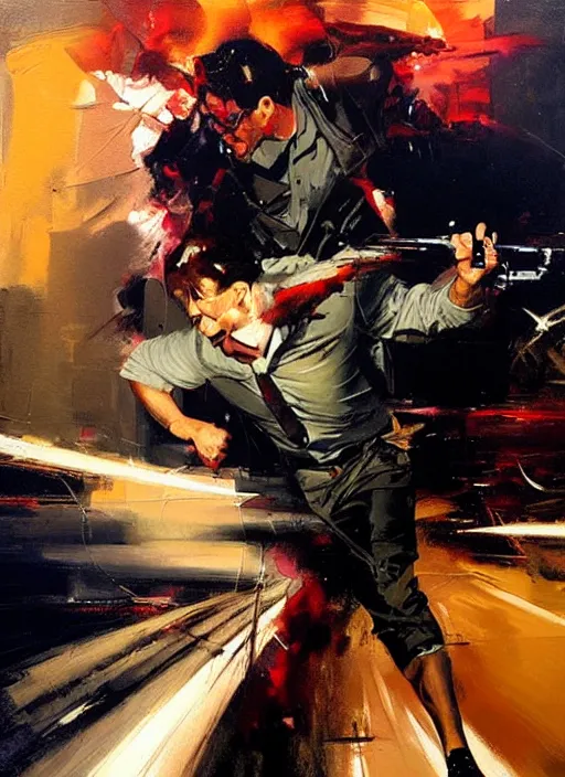 Image similar to 'howard hamlin'!! getting shot, head exploding, painting by phil hale, 'action lines'!!!, graphic style, visible brushstrokes, motion blur, blurry