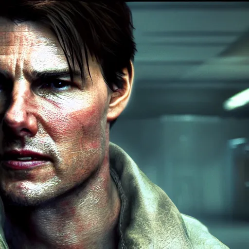 Image similar to a gaming screenshot portrait still of tom cruise in silent hill, greg rutkowski, zabrocki, karlkka, jayison devadas, phuoc quan, trending on artstation, 8 k, ultra wide angle, video game graphics, realistic unreal engine 3 d game, zenith view, cyberpunk pincushion lens effect