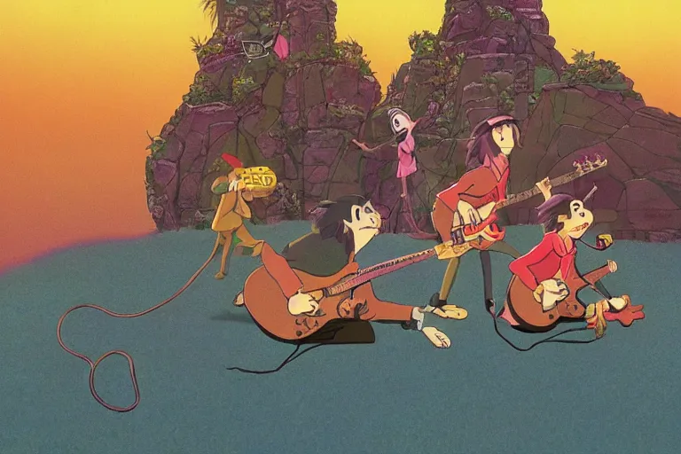 Image similar to rats playing in a rock band dressed as the beatles, beautiful, dreamlike, wholesome, ghibli and disney animation, sharp, intricated, art by ken anderson and mel shaw, bloom, dramatic lighting, brown palette,