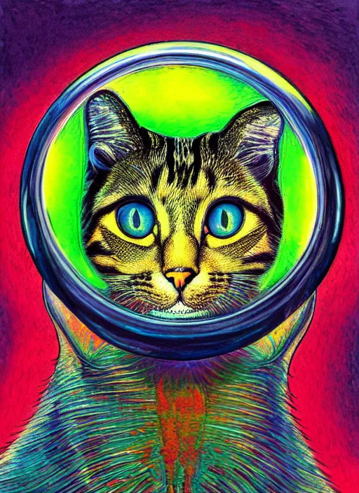 Prompt: portrait of a cat's head inside an upside down light bulb, modern fine art, intricate, elegant, subsurface scattering, highly detailed pop art painting, organic acrylic flow art, psychedelic fractal art, acrylic art, watercolor, featured on deviantart