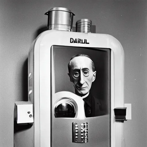 Image similar to Kodachrome portrait of Marcel Duchamp with an technologival machine, archival pigment print in the style of Hito Steyerl, studio shooting, contemporary art