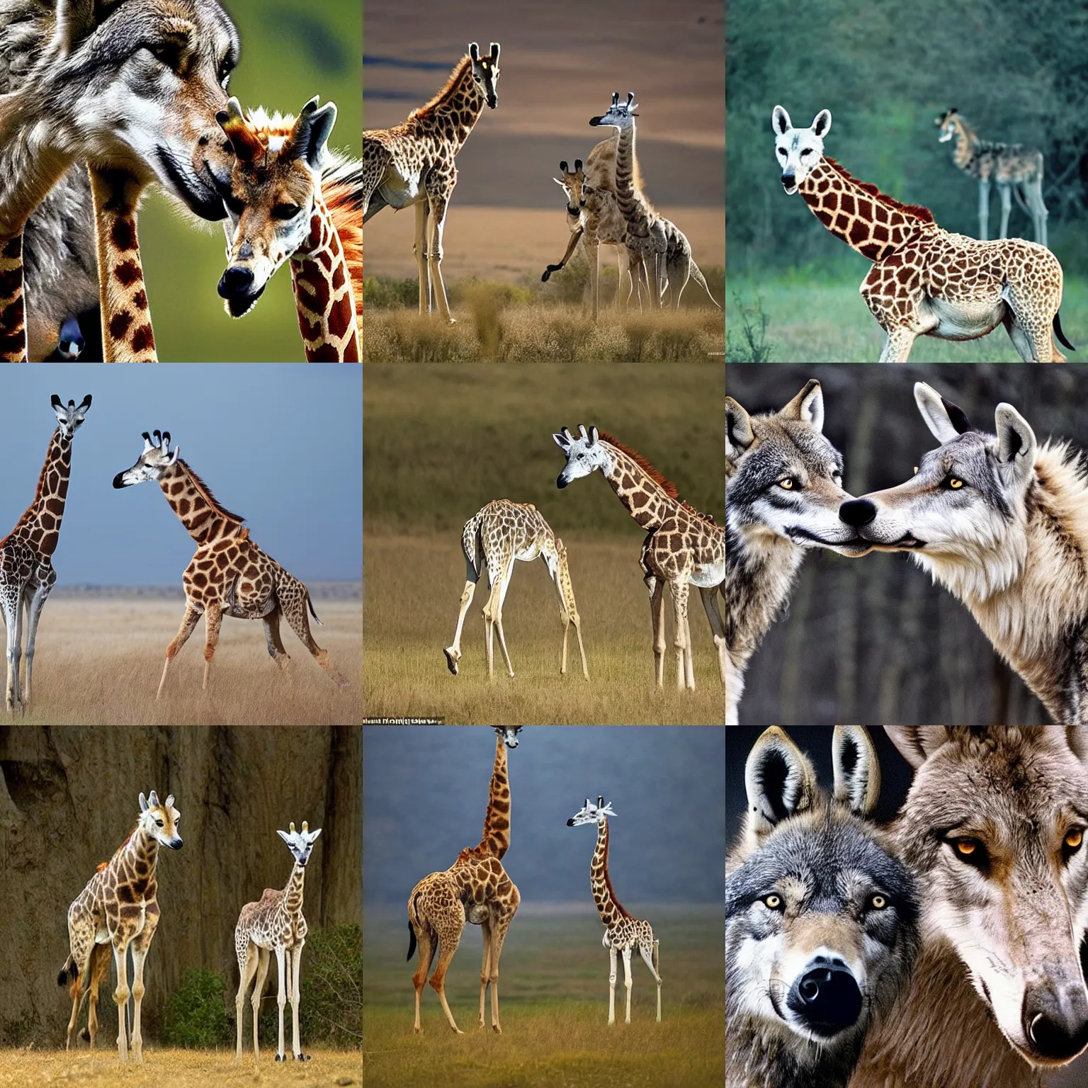 Prompt: a wolf!!!!!!! and a giraffe, the wolf and the giraffe are looking at each other, the wolf is standing opposite of the giraffe, Highly Detailed, award winning photography, national geographic