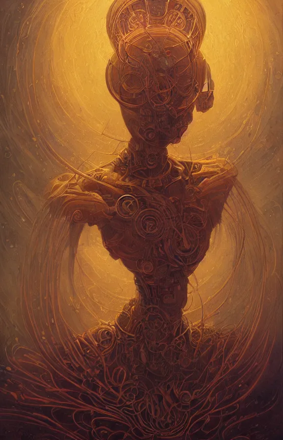 Image similar to a highly detailed beautiful portrait of a robot in the style of jean delville and in the style of peter mohrbacher. glowing rune of magical power.