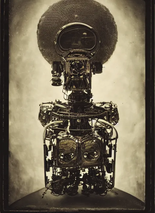 Image similar to old wetplate daguerreotype portrait of futuristi robot, dubbel exposuree, explosion of data fragments, fractal, intricate, elegant, highly detailed, parallax, leica, medium format, subsurface scattering, by jheronimus bosch and greg rutkowski and louis jacques mande daguerre