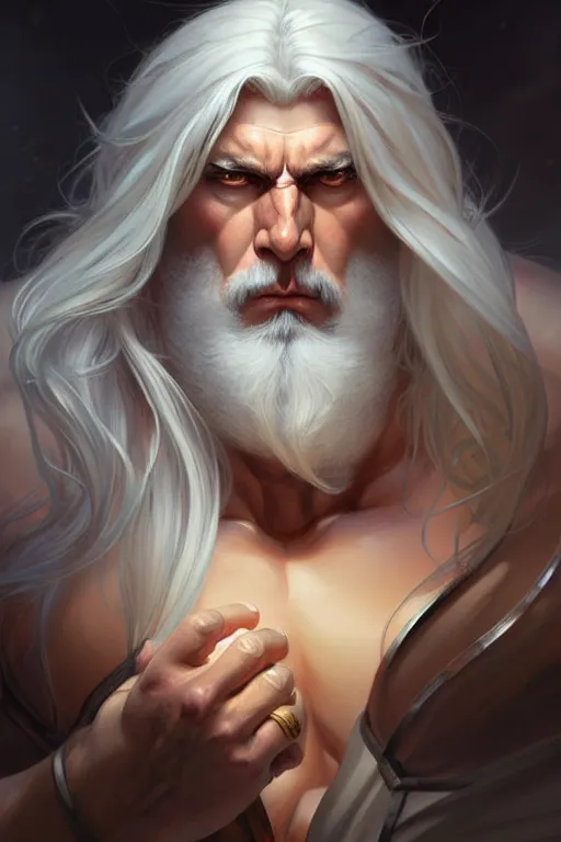 Image similar to big muscular man with long white hair, fantasy, amber eyes, face, long hair, intricate, elegant, highly detailed, digital painting, artstation, concept art, smooth, sharp focus, illustration, art by artgerm and greg rutkowski and alphonse mucha