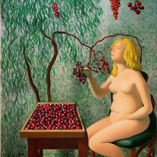 Prompt: a female art student in her apartment, sensual, plants in glasses, pig, butress tree roots, pomegranate, berries dripping, acrylic on canvas, surrealist, by magritte and monet