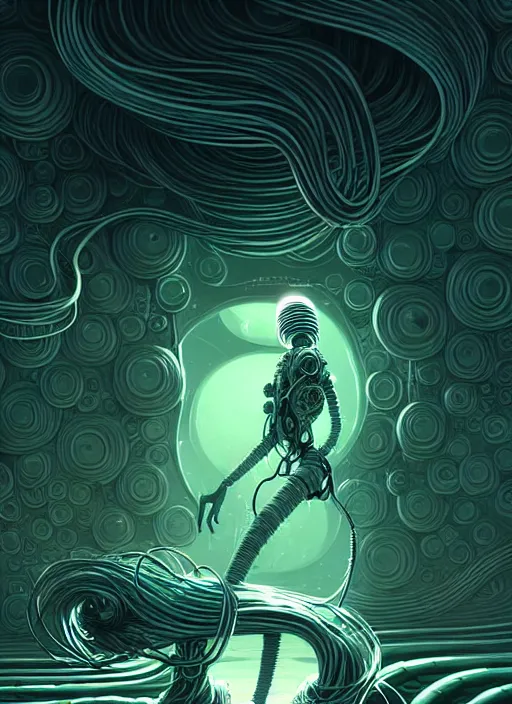 Image similar to highly detailed portrait of a biopunk long curly white hair tribal lady, stray wiring by atey ghailan, james gilleard, by joe fenton, by greg rutkowski, by greg tocchini, by kaethe butcher, 4 k resolution, gradient green, black and white color scheme!!! ( ( irradiated robotic rocky tornado landscape background ) )