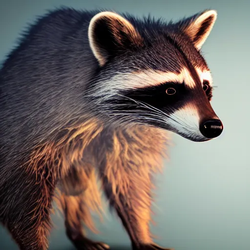 Image similar to a hyperrealistic 3 d octane render of a raccoon taking a photograph, photorealism, unreal engine, dramatic lighting, volumetric lighting, uplighting