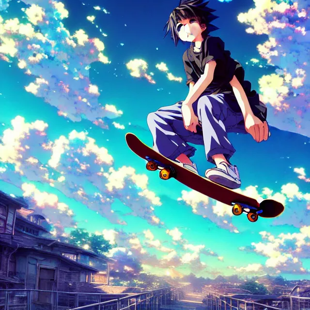 Prompt: a young anime boy riding a skateboard in the sky, colorful clouds, an ultrafine hyperdetailed illustration by akihiko yoshida!!!!!!!, makoto shinkai, greg rutkowski, intricate linework, global illumination, detailed and intricate environment, dream setting, final fantasy, trending on art station.