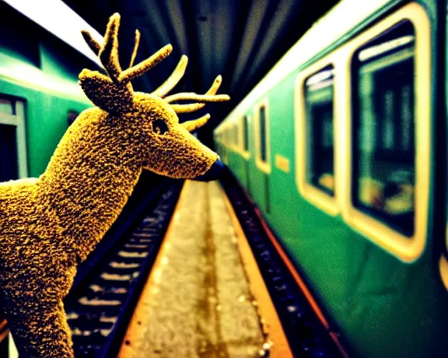 Image similar to a lomography photo of rumble between two humanoid deer in soviet train this morning, bokeh,