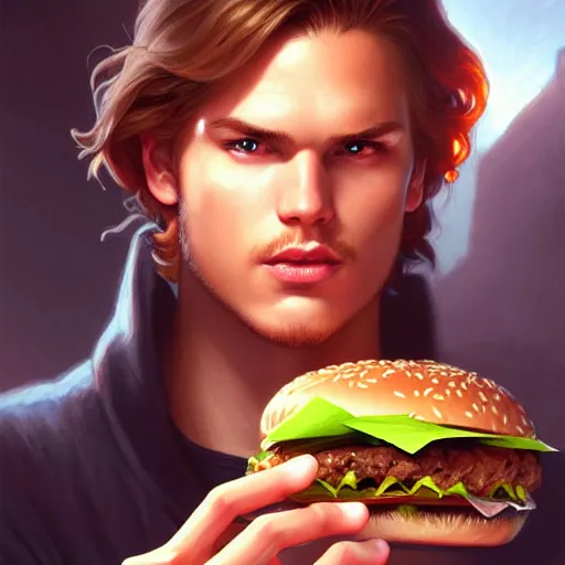 Image similar to Maxmoefoe eating a burger, closeup, D&D style, fantasy, intricate, elegant, highly detailed, digital painting, artstation, concept art, matte, sharp focus, illustration, art by Artgerm and Greg Rutkowski and Alphonse Mucha