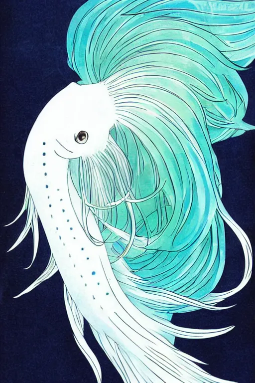 Prompt: a graceful iridescent white betta fish with long swirling fins, black-water-background, manga illustration by hiroshigr