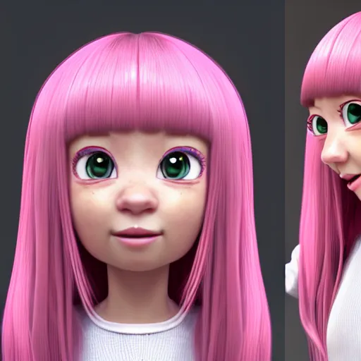 Image similar to A portrait of Nikki from Shining Nikki and Love, a cute 3d cgi toon young woman with long light pink hair, full bangs, hazel eyes, full face, light makeup, pale skin, Chinese heritage, cute outfit, medium shot, mid-shot, hyperdetailed, 8k, trending on artstation, as a Pixar character