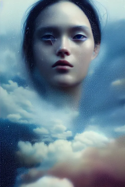 Prompt: 3 d, close - up, clouds, rain, crying fashion model, night, moon rays, vogue cover style, poster art, hyper detail, intricate oil painting, multiple exposure, morning mood, 3 d, by tooth wu and wlop and beeple and greg rutkowski