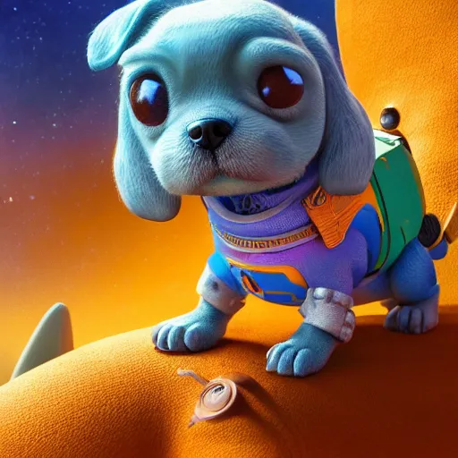 Image similar to dog character 1 1, small puppy, rich dog, high quality image, smart dog, dog with gun, dog in space, illustration, dog in mountain, soft, concept art, intricate details, highly detailed, colorful, photorealistic, disney pixar, octane render, iridescent, anime, 8 k