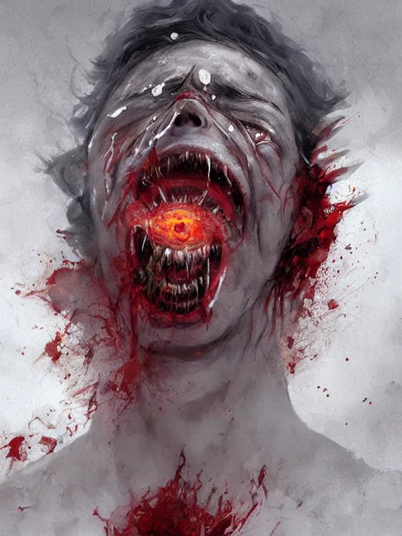 Image similar to painting by greg rutkowski of a flying sorrowful looking human head with tears running down it's eyes, face that is chalk white in color, with long sprawling white tentacles stemming down it's neck, fiery scorching red eyes, flying in a terrying hellish dark cavernous place