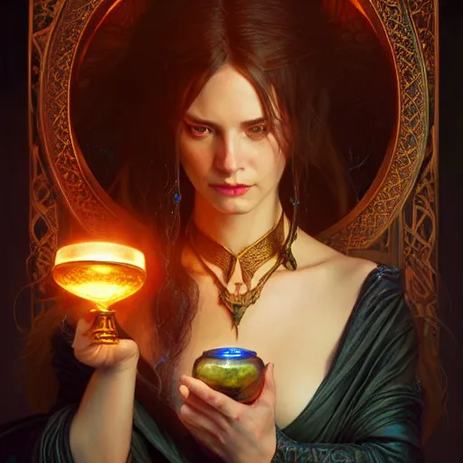 Image similar to Portrait of female sorceress with a goblet with a glowing potion in it, epic dark fantasy, medium shot, intricate, elegant, highly detailed, digital painting, artstation, concept art, smooth, sharp focus, illustration, art by artgerm and greg rutkowski and alphonse mucha