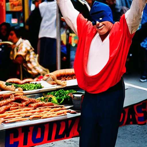 Image similar to closeup portrait man in ninja costume upside down trying to sell hotdogs in a smoky new york back street, by Annie Leibovitz and Steve McCurry, natural light, detailed face, CANON Eos C300, ƒ1.8, 35mm, 8K, medium-format print