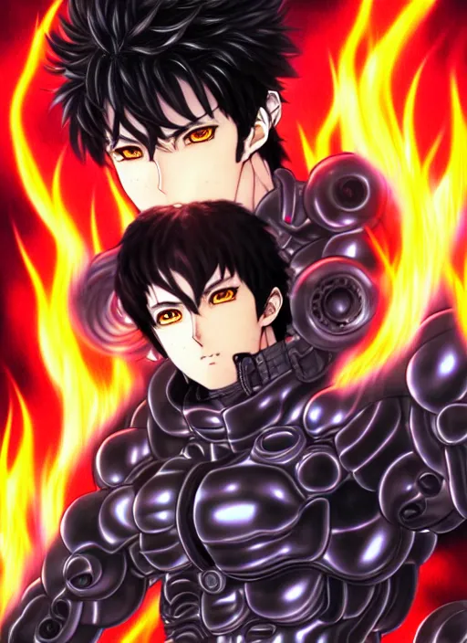 Prompt: a detailed manga full body portrait illustration of a dark haired cyborg anime man surrounded by fire by hirohiko araki, detailed artwork, realism, 4 k resolution, detailed, high quality, sharp focus, hq artwork, insane detail, volumetric lighting, character concept art, fine details, clear subject, central subject