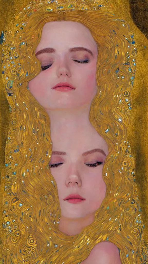 Image similar to a soft and breathtaking detailed painting of a full body sleeping blonde princess in the style of Gustav Klimt, blonde hair, shiny gold, elegant, highly detailed, artstation, fluo colors, concept art, matte, sharp focus, art by Gustav Klimt