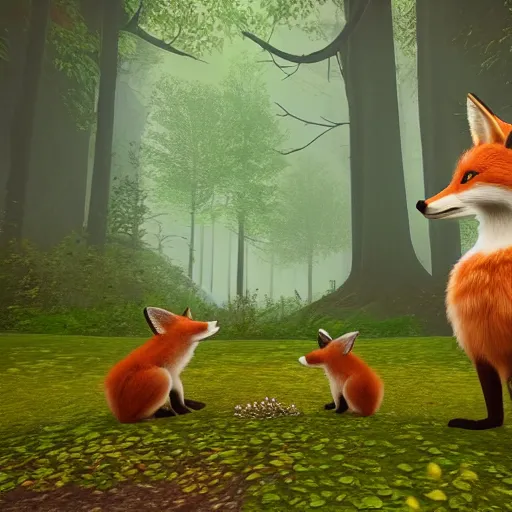 Prompt: unreal engine 5, magical forest covered with fly agaric, there is a fox with two cubs, light magical fog